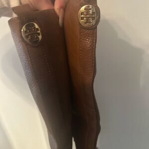Tory Burch Chestnut Leather Boots with Gold Emblem